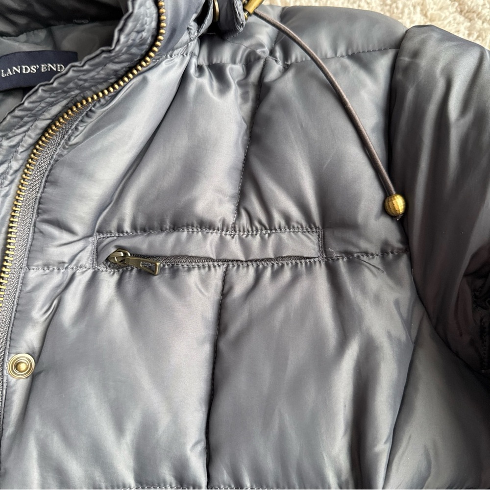 Lands’ End Gray/Blue Long Down Puffer Coat Hooded Winter Parka Women M 10-12 - Picture 9 of 11